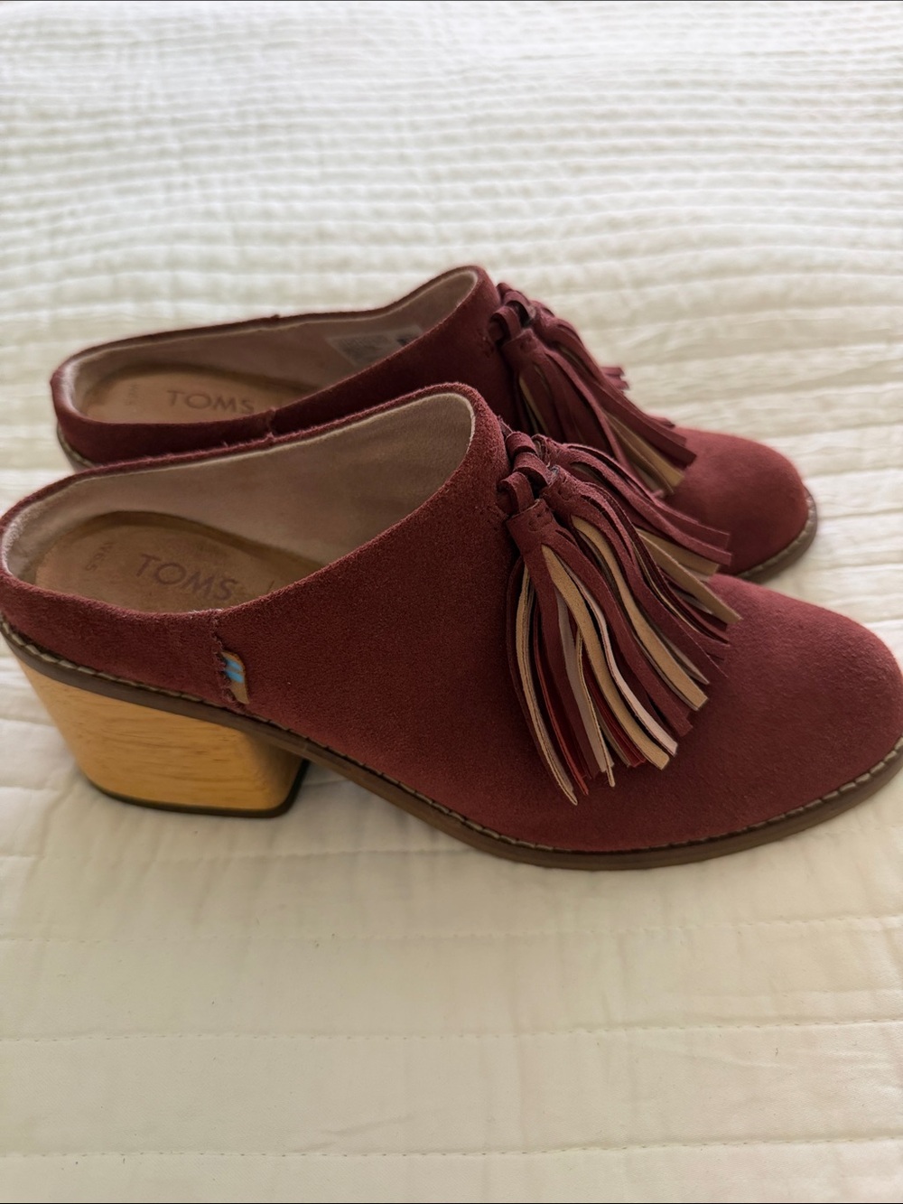 Toms Brick  Suede Tassel Block Heel Mules